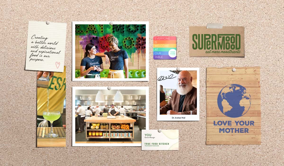 A collage with notes, kitchen scene, two people, colorful wall art, diverse signs, and motivational messages about food and sustainability.